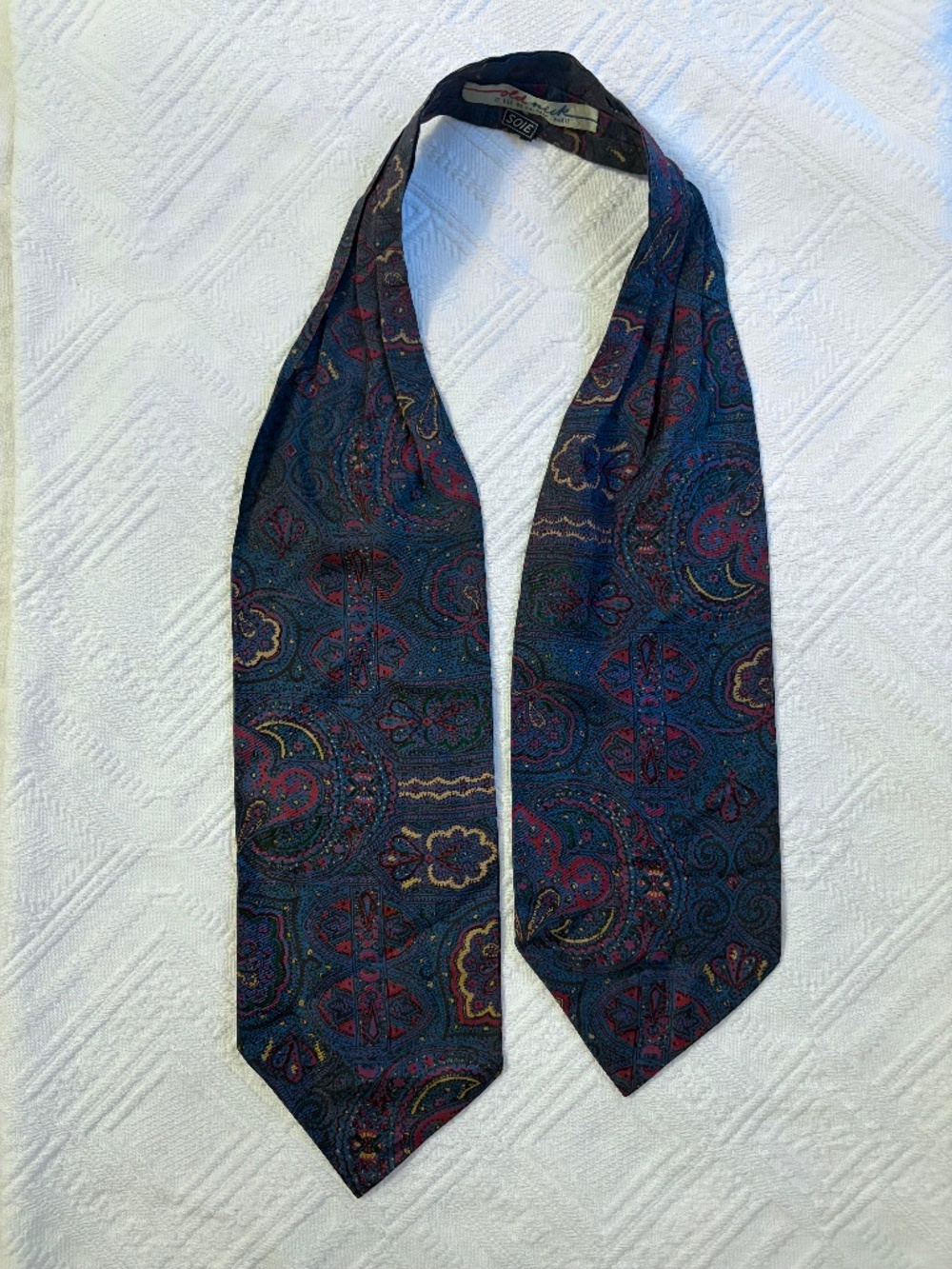 Vintage Old Nick Paris Pure Silk Ascot Cravat Tie Blue Red Paisley Mosaic